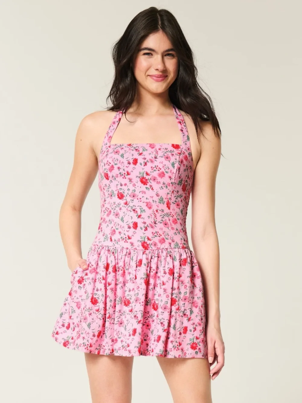 Hollister Pink Floral Drop Waist Halter Mini Dress Skort - Picture 2 of 7
